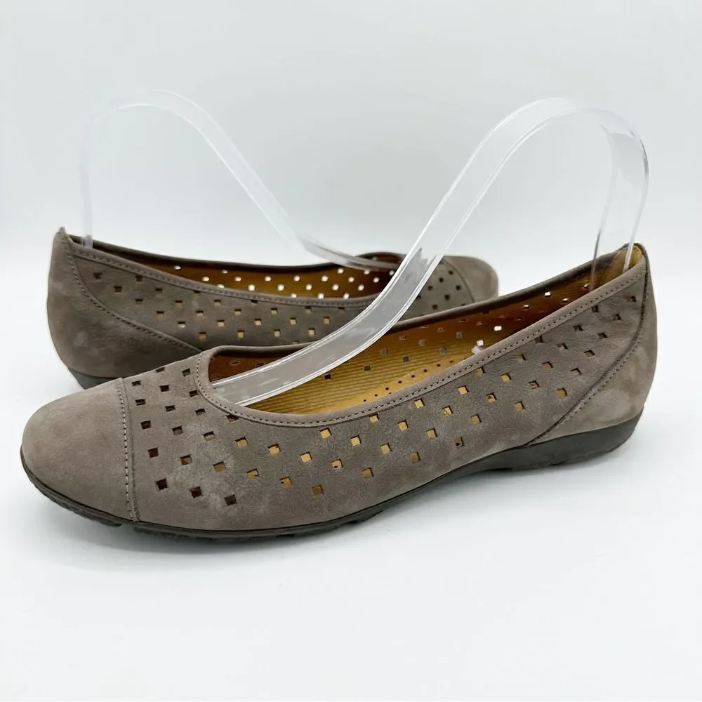 Gabor Hovercraft‎ Ruffle Nubuck Taupe Brown Perforated Comfort Ballet Flat Sz 6